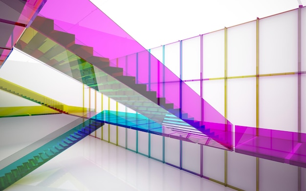 Abstract white and colored gradient glasses interior multilevel public space with window. 3D