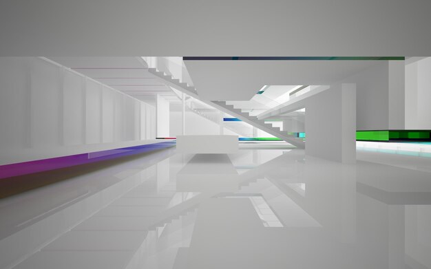 Abstract white and colored gradient glasses interior multilevel public space with window. 3D