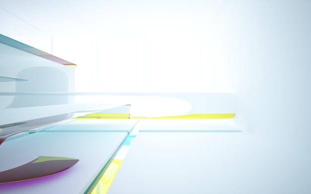 Abstract white and colored gradient glasses interior multilevel public space with window. 3D