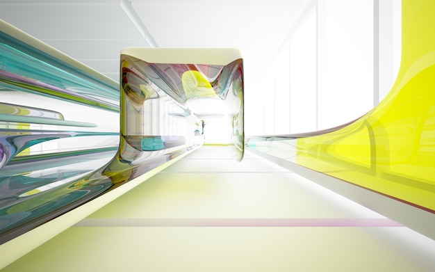 Abstract white and colored gradient glasses interior multilevel public space with window. 3D