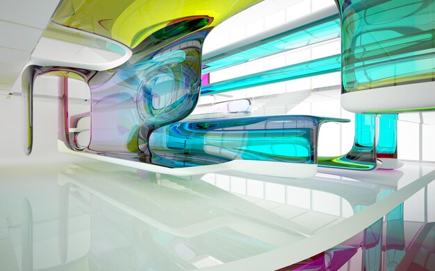 Abstract white and colored gradient glasses interior multilevel public space with window. 3D