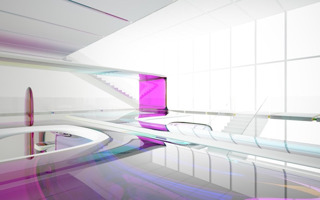 Abstract white and colored gradient glasses interior multilevel public space with window. 3D