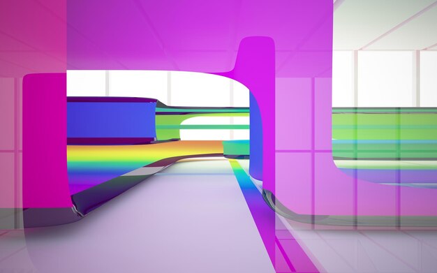 Abstract white and colored gradient glasses interior multilevel public space with window. 3d