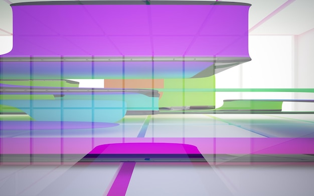 Abstract white and colored gradient glasses interior multilevel public space with window. 3d