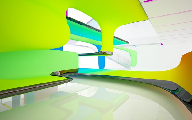 Abstract white and colored gradient glasses interior multilevel public space with window. 3D