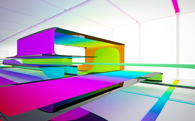 Abstract white and colored gradient glasses interior multilevel public space with window. 3D