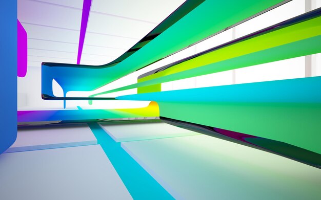 Abstract white and colored gradient glasses interior multilevel public space with window. 3D