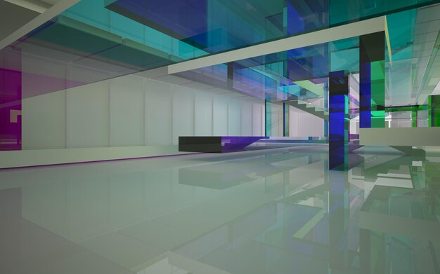 Abstract white and colored gradient glasses interior multilevel public space with window. 3d