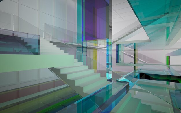 Abstract white and colored gradient glasses interior multilevel public space with window. 3D