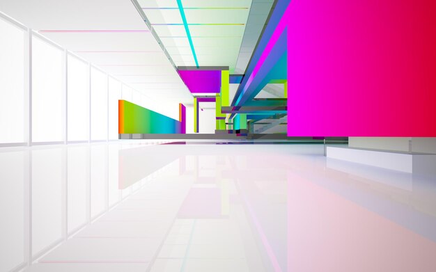 Abstract white and colored gradient glasses interior multilevel public space with window. 3D