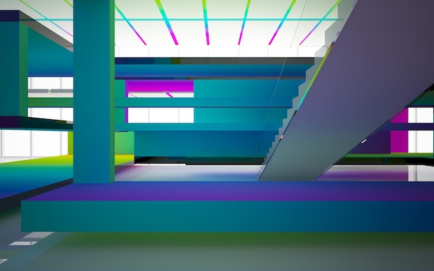 Abstract white and colored gradient glasses interior multilevel public space with window. 3d