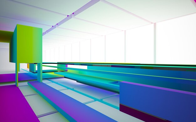 Abstract white and colored gradient glasses interior multilevel public space with window. 3D