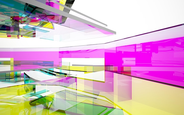 Abstract white and colored gradient glasses interior multilevel public space with window 3d
