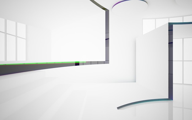 Abstract white and colored gradient glasses interior multilevel public space with window 3D