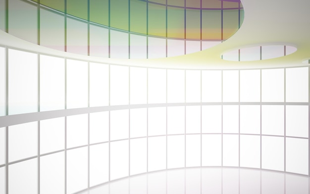 Abstract white and colored gradient glasses interior multilevel public space with window 3D