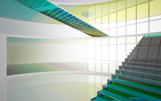 Abstract white and colored gradient glasses interior multilevel public space with window 3D