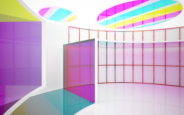 Abstract white and colored gradient glasses interior multilevel public space with window 3D