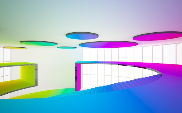 Abstract white and colored gradient glasses interior multilevel public space with window 3d