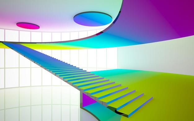 Abstract white and colored gradient glasses interior multilevel public space with window 3D