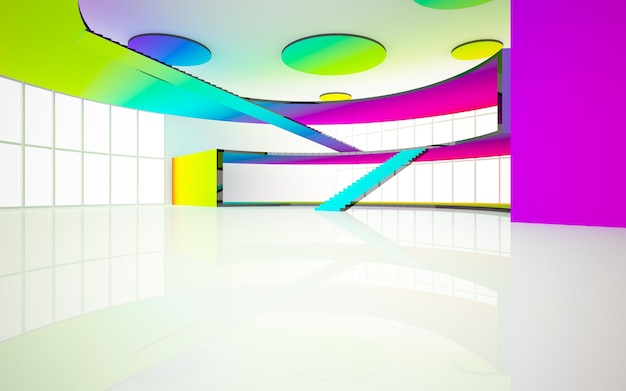 Abstract white and colored gradient glasses interior multilevel public space with window 3D