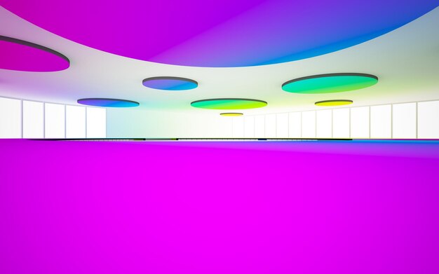 Abstract white and colored gradient glasses interior multilevel public space with window 3d