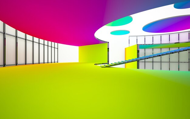 Abstract white and colored gradient glasses interior multilevel public space with window 3D