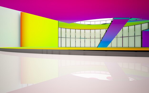 Abstract white and colored gradient glasses interior multilevel public space with window 3d