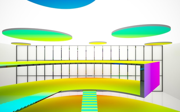 Abstract white and colored gradient glasses interior multilevel public space with window 3D