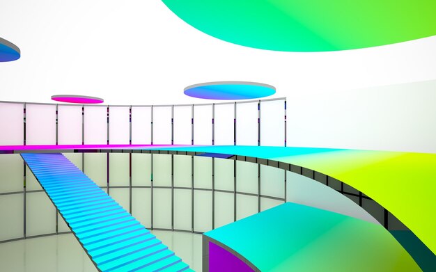 Abstract white and colored gradient glasses interior multilevel public space with window 3D