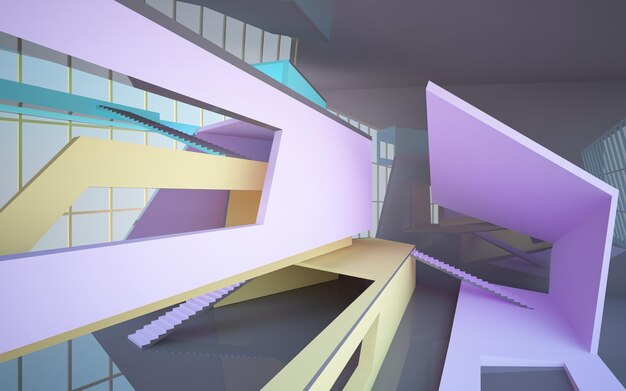 Abstract white and colored gradient glasses interior multilevel public space with window 3D