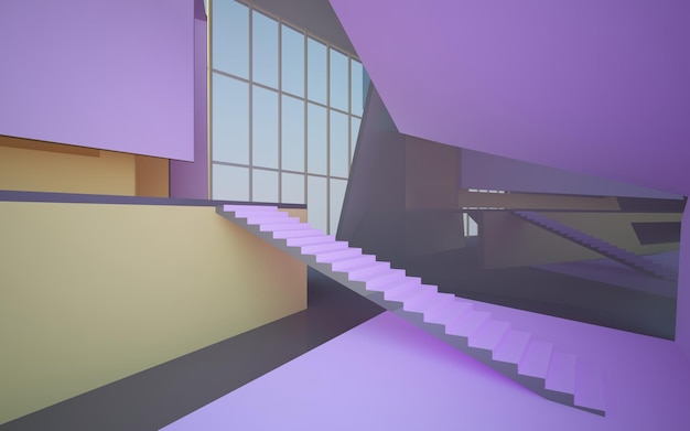 Abstract white and colored gradient glasses interior multilevel public space with window 3D