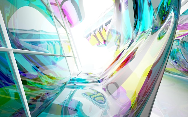 Abstract white and colored gradient glasses interior multilevel public space with window. 3D