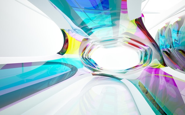 Abstract white and colored gradient glasses interior multilevel public space with window. 3D