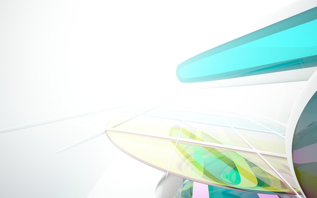 Abstract white and colored gradient glasses interior multilevel public space with window. 3D