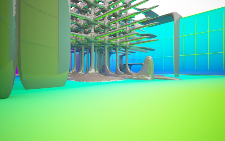 Photo abstract white and colored gradient glasses interior multilevel public space with window 3d