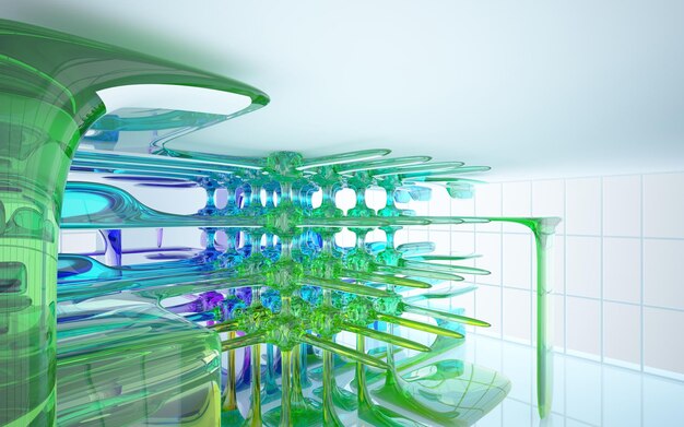 Abstract white and colored gradient glasses interior multilevel public space with window 3d