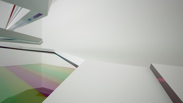 Abstract white and colored gradient glasses interior multilevel public space with window 3d