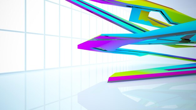 Abstract white and colored gradient glasses interior multilevel public space with window 3D