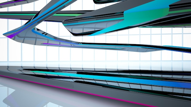 Abstract white and colored gradient glasses interior multilevel public space with window 3D