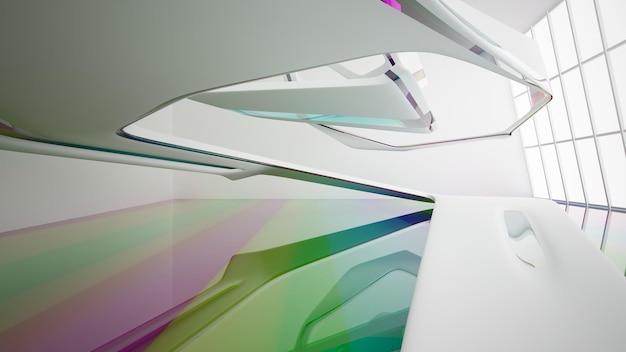 Abstract white and colored gradient glasses interior multilevel public space with window 3D