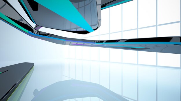 Abstract white and colored gradient glasses interior multilevel public space with window 3d