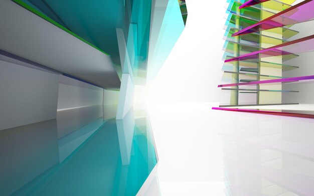 Abstract white and colored gradient glasses interior multilevel public space with window. 3D