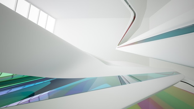 Abstract white and colored gradient glasses interior multilevel public space with window 3D