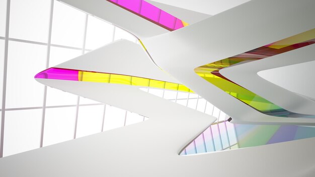 Абстрактные белые и цветные градиентные очки интерьер многоуровневого общественного пространства с окном 3D