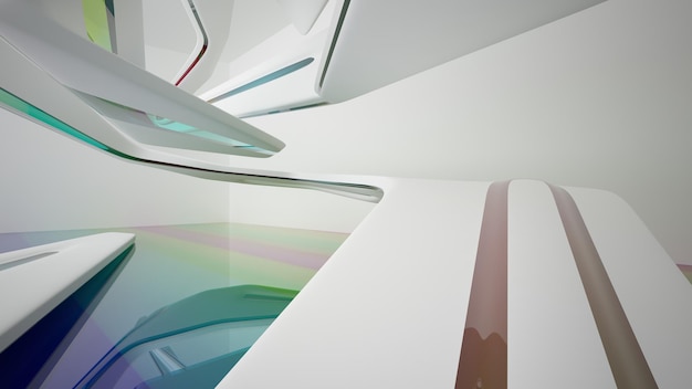 Abstract white and colored gradient glasses interior multilevel public space with window 3D