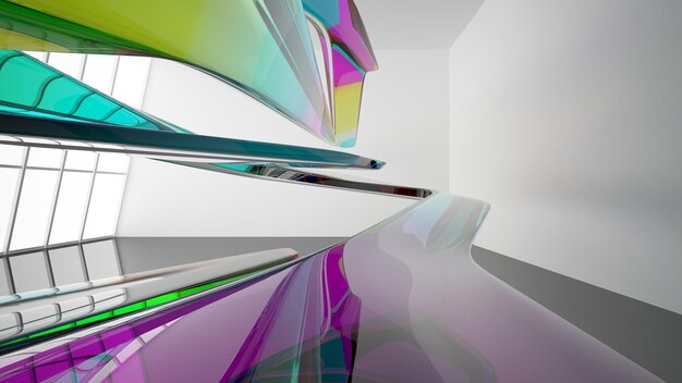 Abstract white and colored gradient glasses interior multilevel public space with window 3D