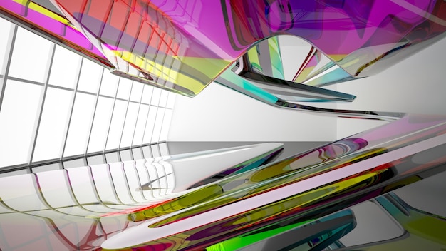 Abstract white and colored gradient glasses interior multilevel public space with window 3D