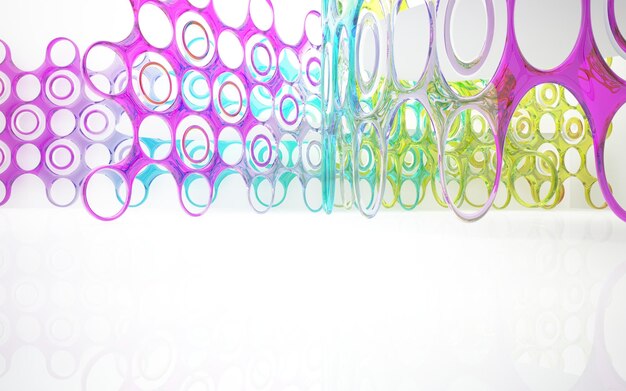 Abstract white and colored gradient glasses interior multilevel public space with window. 3D