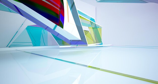 Abstract white and colored gradient glasses interior multilevel public space with window 3D