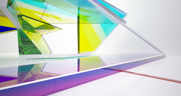 Abstract white and colored gradient glasses interior multilevel public space with window 3D